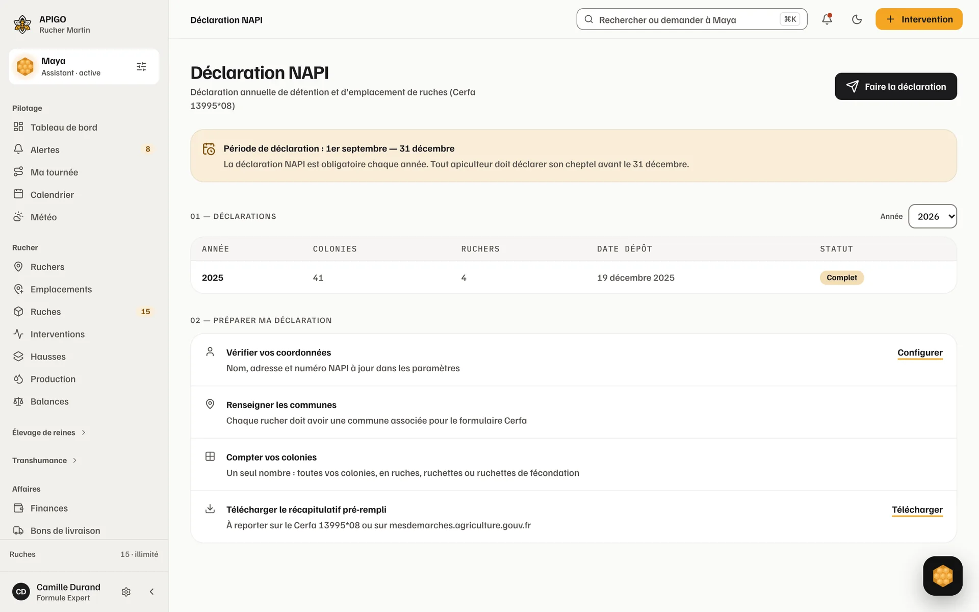 L’écran Déclaration NAPI : la période de déclaration, le tableau des déclarations déjà faites, puis les quatre étapes pour préparer la déclaration, dont le téléchargement du récapitulatif pré-rempli.